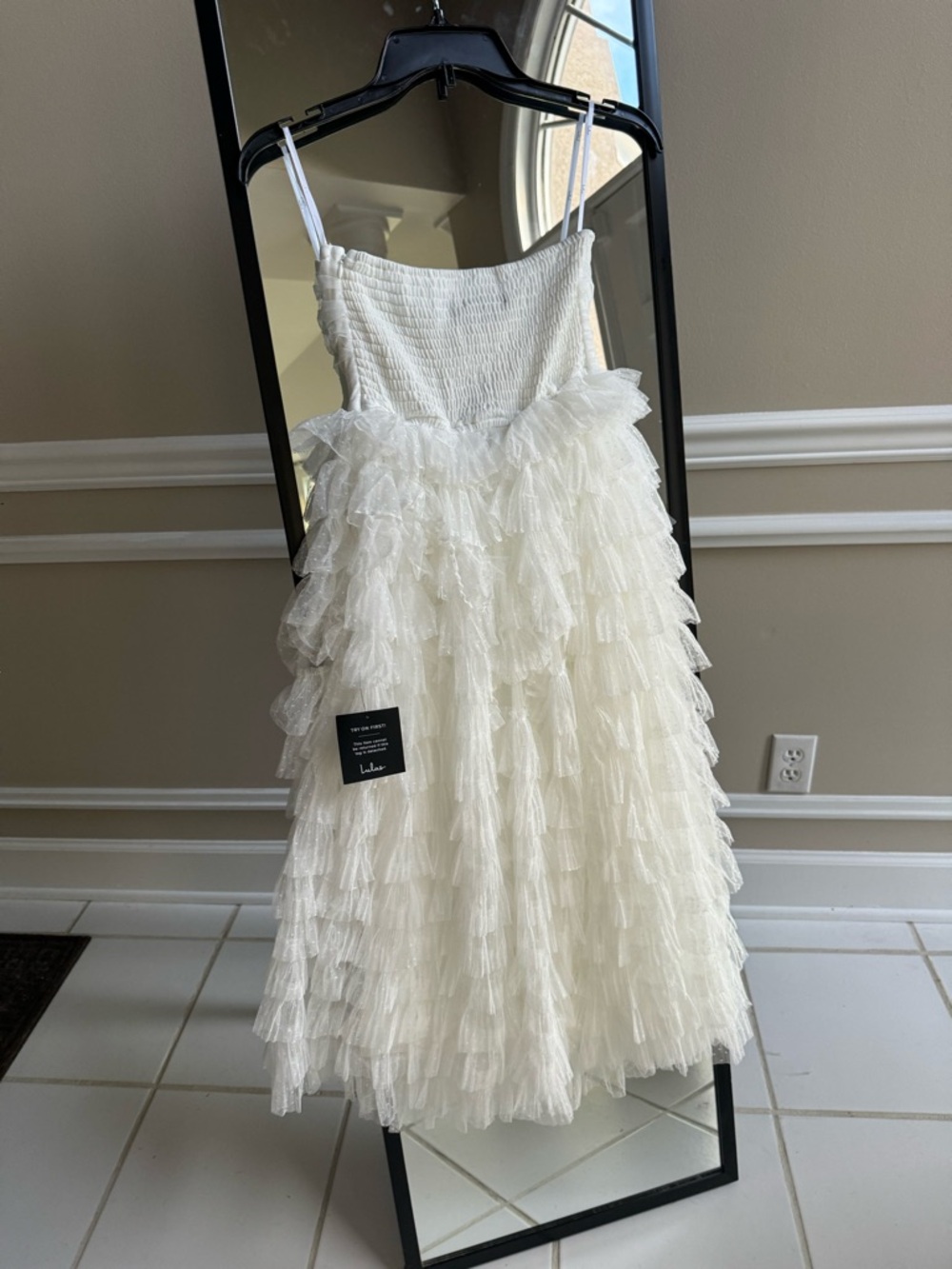 NWT Lulus Prepare to Party White Mesh Swiss Dot Ruched Tiered Tulle Midi Dress - Picture 8 of 8